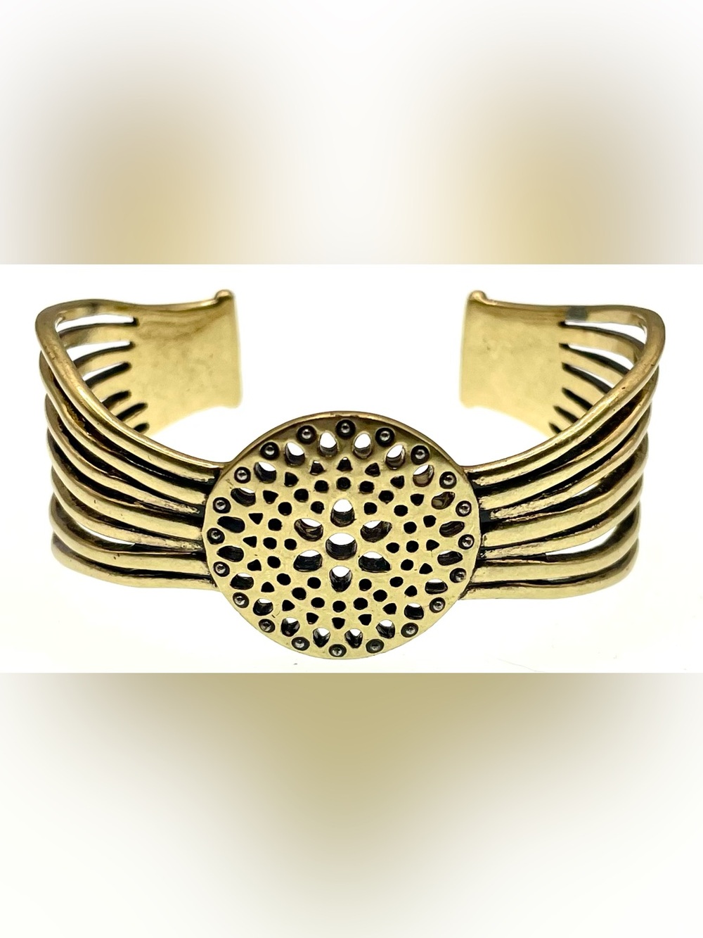 Y2K Lucky Brand Gold Tone Openwork Cuff Bracelet Boho Statement Wide Bracelet